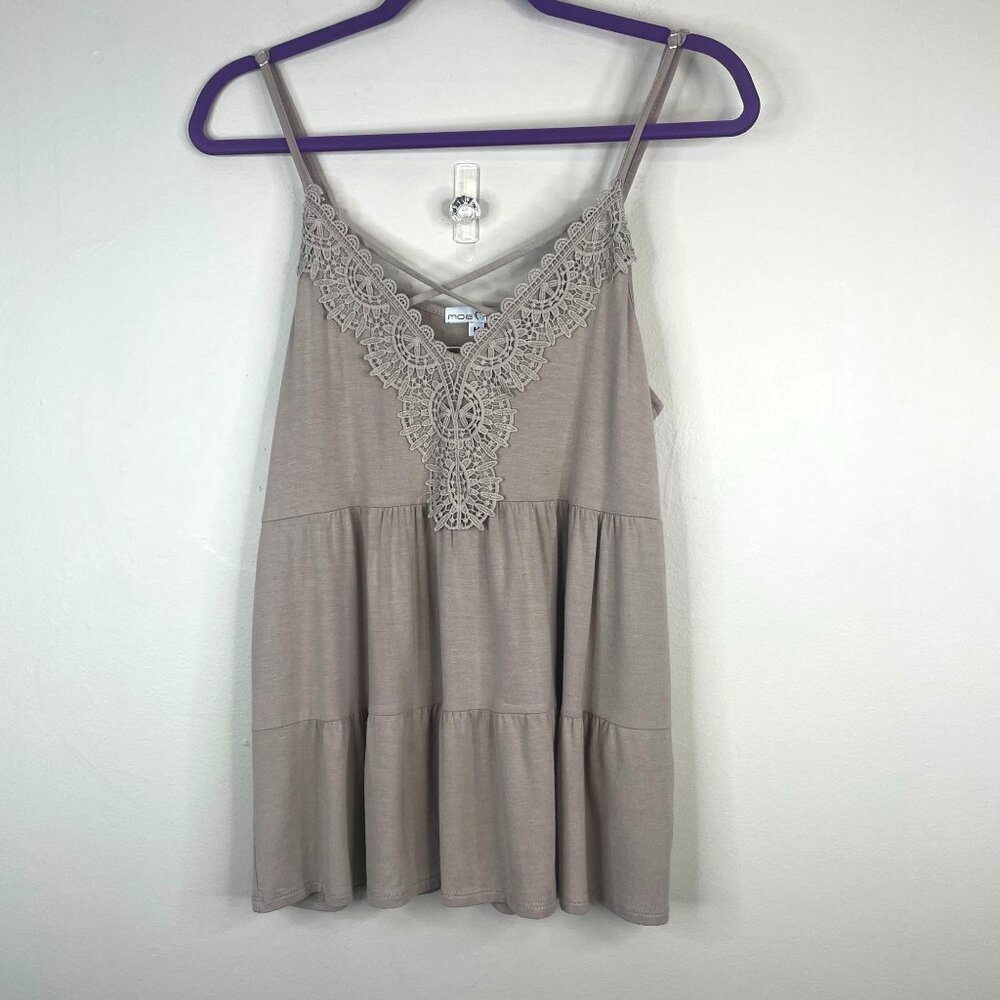 Vintage 90s Swing Tank Top Womens Medium Beige Neutral Ruffle Lace Trim Dainty